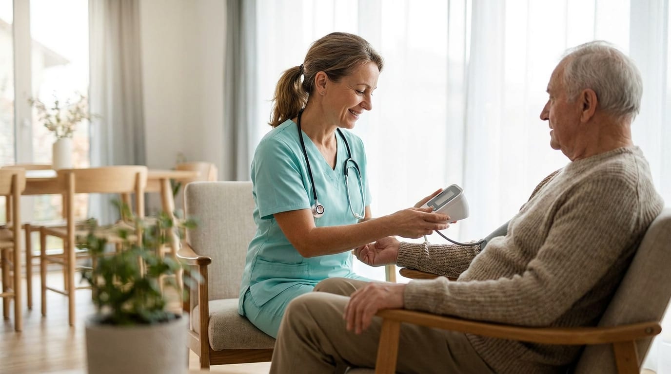 A professional home nurse checking a patient's vital signs at home